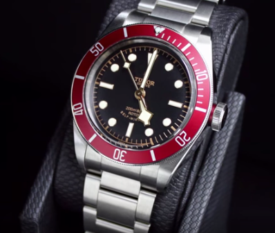 tudor red bezel insert stainless steel mens watch