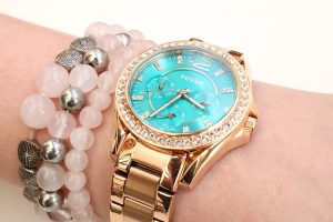 womens blue diamond dial yellow gold fossil watch
